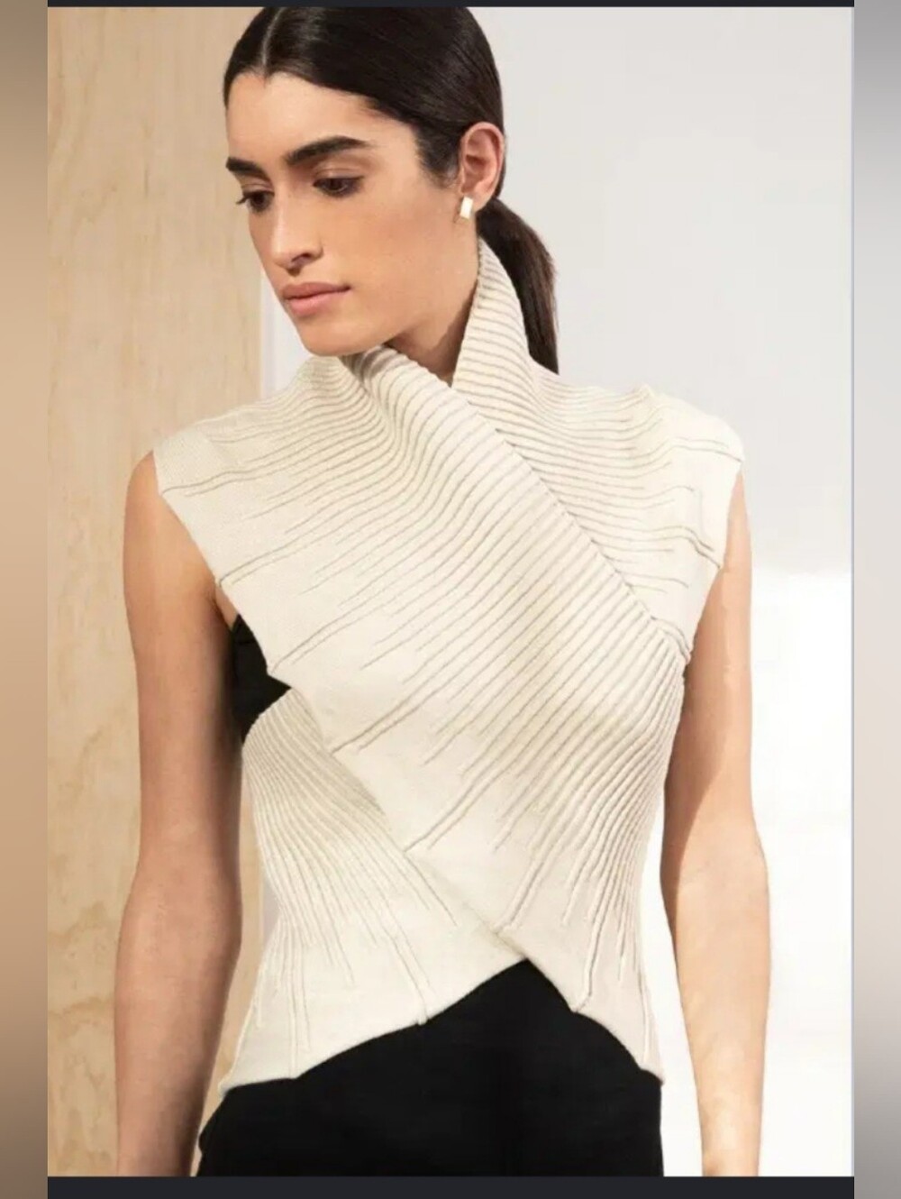 Sleeveless Cream Ribbed Cowl Wrap Sweater Bolero